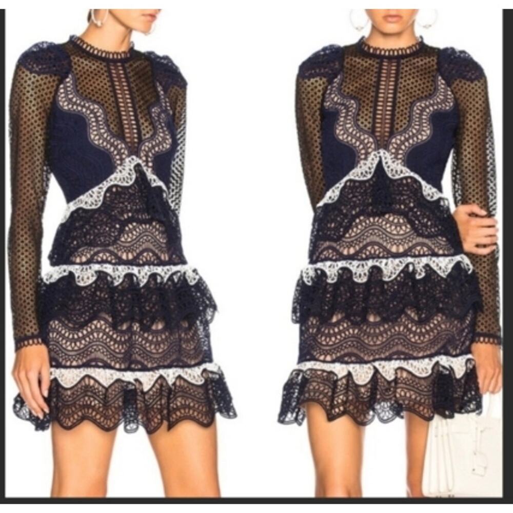 Self Portrait Wave Guipure Tiered Lace Mini Dress Blue Black White 2 Long Sleeve